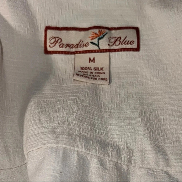 Paradise Blue,M, silk embroidered button front hem vents tropical Hawaiian shirt - Picture 10 of 11